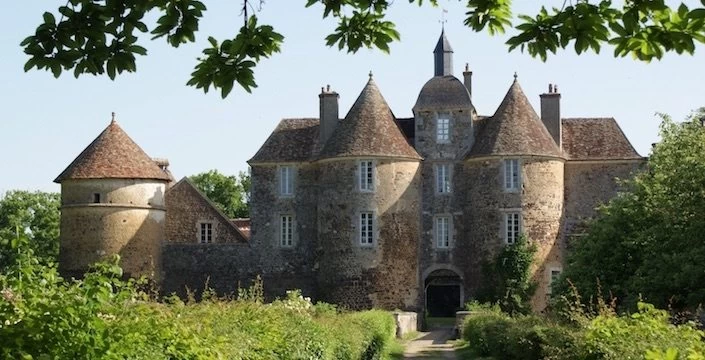 A castle with turrets sitting on top of a hill.