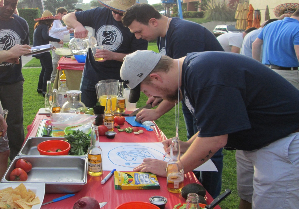 A man wearing a blue t-shirt.