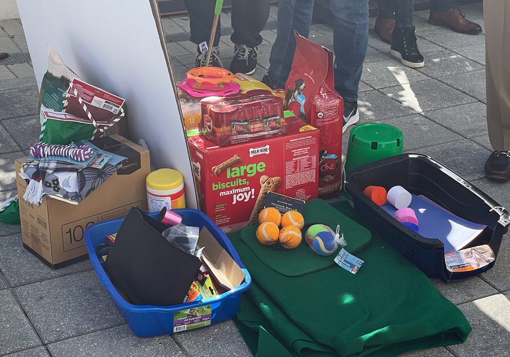 A group of people standing next to a pile of boxes.