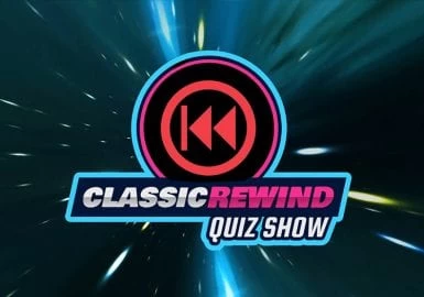 Classic rewind quiz show logo.