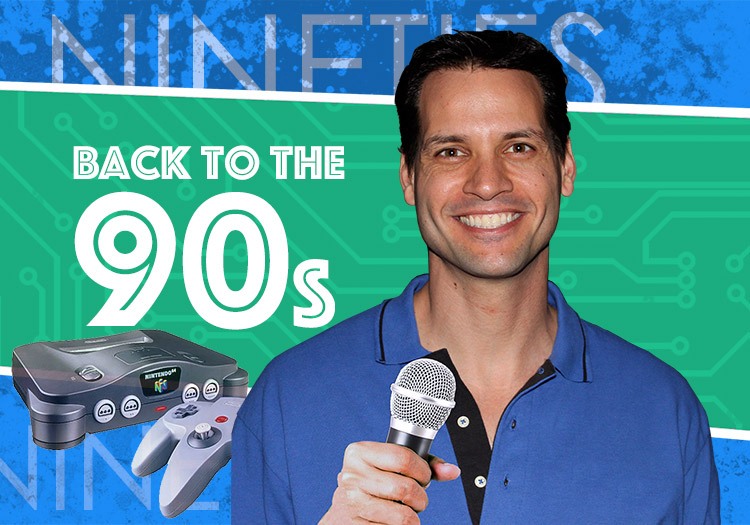 A man holding a microphone with the words back to the 90s.