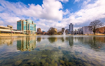 A pond in the middle of a city.