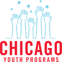 A blue, red, and white logo with a red and blue stripe.