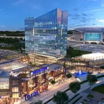 An artist's rendering of a shopping mall at dusk.