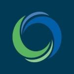 A blue and green logo with a circle in the middle.