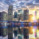 Miami city skyline at sunset.