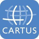 A blue and white icon with the word cartus on it.