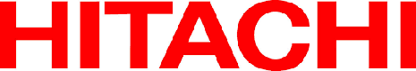 A red logo with the word hitachi on it.