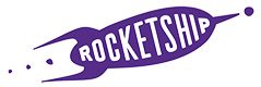 Rocketship logo on a white background.