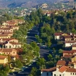 An aerial view of a neighborhood in Los Angeles featuring Santa Ana team building activities.