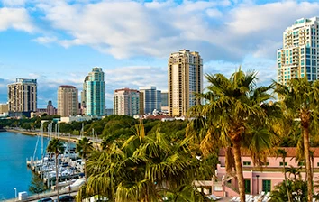        A city skyline with palm trees and boats on the water, perfect for team building in St. Petersburg.