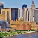 St. Paul skyline with a river in the background, offering the perfect setting for team building activities.