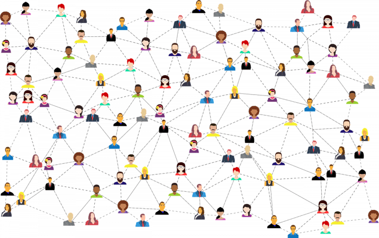 A diverse group of high-performing individuals forming workplace relationships, representing different colors.