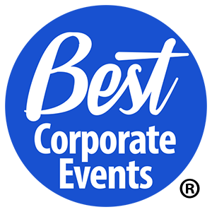 The best corporate events logo on a blue background.
