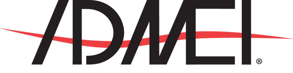 Logo featuring the letters "ADMEI" in black with a red swoosh crossing through.