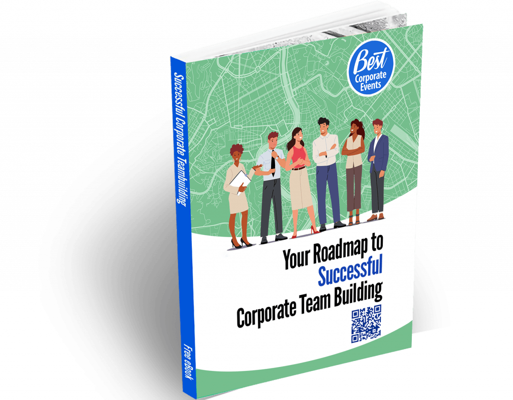 A book cover titled "your roadmap to successful corporate team building" featuring an illustration of a group of professionals engaged in a discussion.