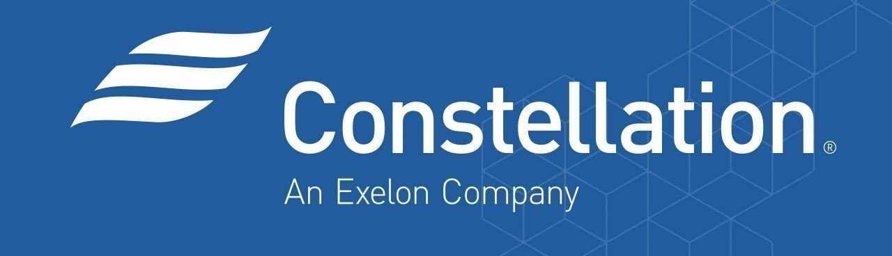 A blue and orange background with the words constellation about us.