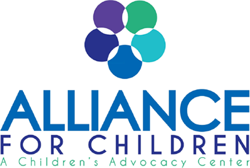 Logo of Alliance for Children. It features five interlocking circles in shades of blue, purple, and teal, above the text "ALLIANCE FOR CHILDREN" and "A Children's Advocacy Center.