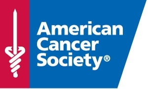 Image of the American Cancer Society logo featuring a sword within a cross design and the organization name on a blue background.