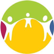 Logo featuring three abstract human figures in white, forming a circle with their linked arms, set against a background divided into green, yellow, red, and blue segments.