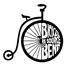 Black and white logo of a vintage bicycle with "Bicycle Resource of Bend" creatively integrated into the front wheel.