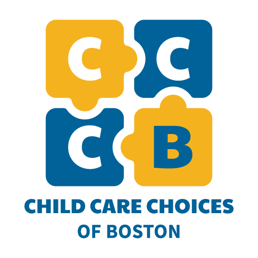 Logo of Child Care Choices of Boston, featuring four interlocking puzzle pieces in blue and yellow with the letters C, C, C, and B, and the organization's name below.