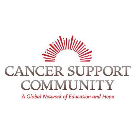 Logo of Cancer Support Community featuring a red sunburst design above the organization's name. Below, it reads "A Global Network of Education and Hope" in red text.