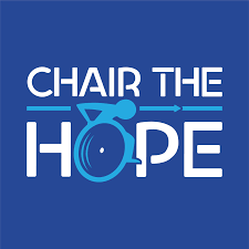 Logo featuring the phrase "Chair the Hope" with a stylized person in a wheelchair forming part of the letter 'H,' all set against a blue background.
