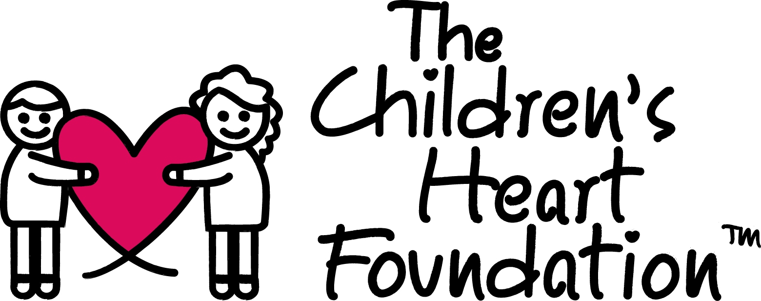 Logo of The Children's Heart Foundation featuring two stick figures holding a large red heart, with the organization's name written in playful, hand-drawn text beside them.