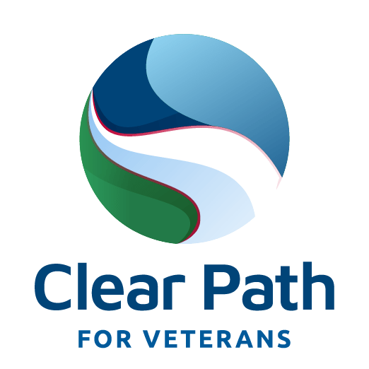 Logo for Clear Path for Veterans with a circular design featuring blue, green, and white swirls. The text "Clear Path for Veterans" is below the circle in blue.