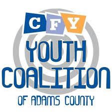 Logo of CFY Youth Coalition of Adams County, featuring stylized text with "CFY" in colored blocks and a target-like circular background.