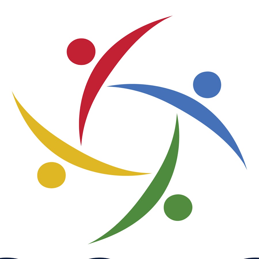 Four stylized human figures in red, blue, yellow, and green form a circular pattern with curved lines on a white background.