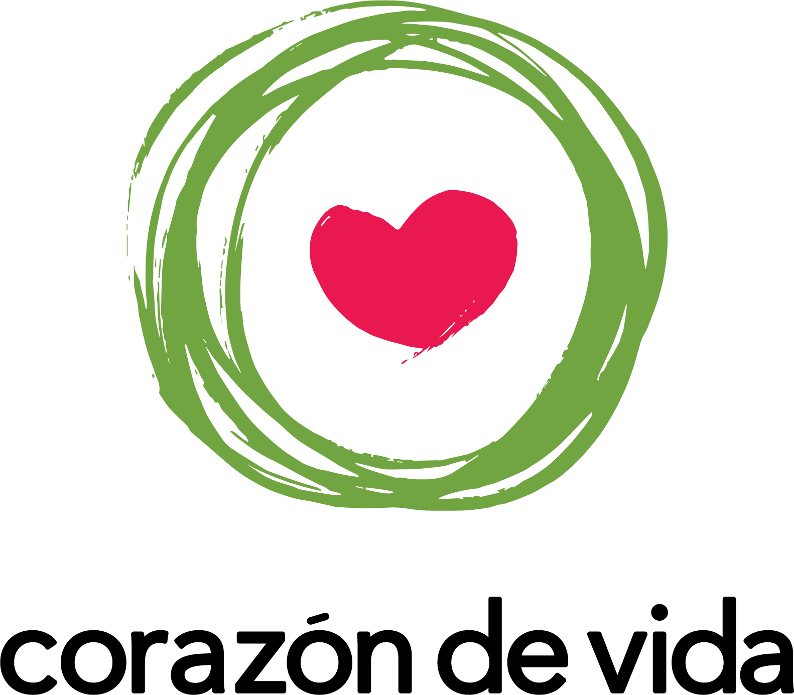 An abstract green circle surrounds a red heart symbol, with the text "corazón de vida" beneath it.