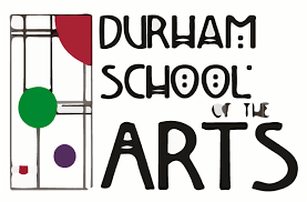 Logo of Durham School of the Arts featuring abstract geometric shapes in green, red, and purple alongside stylized text.