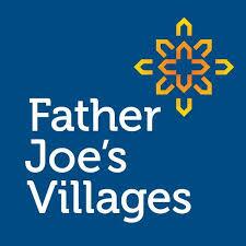 Father Joe's Villages logo featuring white text on a blue background with a yellow and orange geometric symbol.