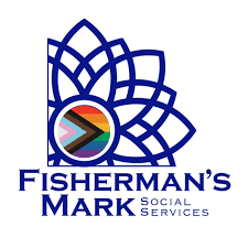 Logo of Fisherman's Mark Social Services featuring a blue floral design with a circular element displaying a multicolored flag in the center. Text reads "Fisherman's Mark Social Services.