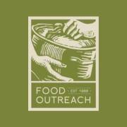 Green logo with two hands holding a bowl with text "Food Outreach" below the image.