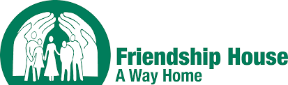 Green logo featuring two hands encircling five people of different ages. Text reads "Friendship House: A Way Home.