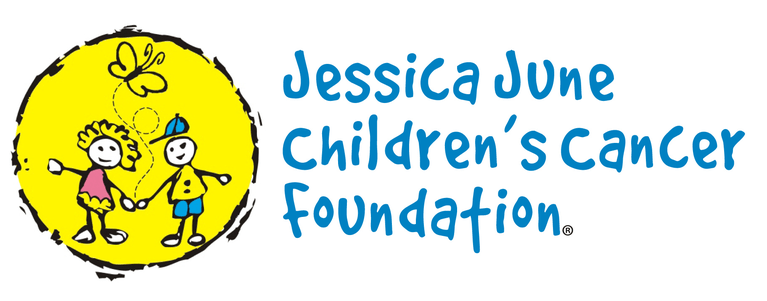 Logo of Jessica June Children's Cancer Foundation featuring a drawing of two children holding hands with a butterfly, and the organization’s name in blue text.