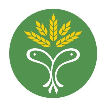 A green circle with two white stylized fish at the bottom and five yellow wheat stalks at the top.