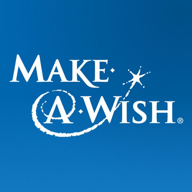 Blue background with white text that says "MAKE-A-WISH" accompanied by a star and swirl graphic.