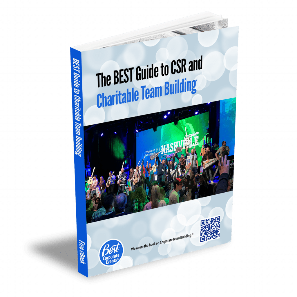 A book titled "The BEST Guide to CSR and Charitable Team Building" with an image of people on a stage and a QR code on the front cover.