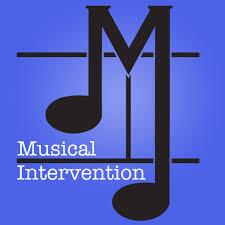 Logo of Musical Intervention featuring two black musical notes on a blue background with the text "Musical Intervention" in white font.
