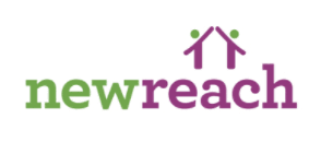 The image shows the New Reach logo with two stylized figures creating a triangle above the text "newreach" in green and purple.