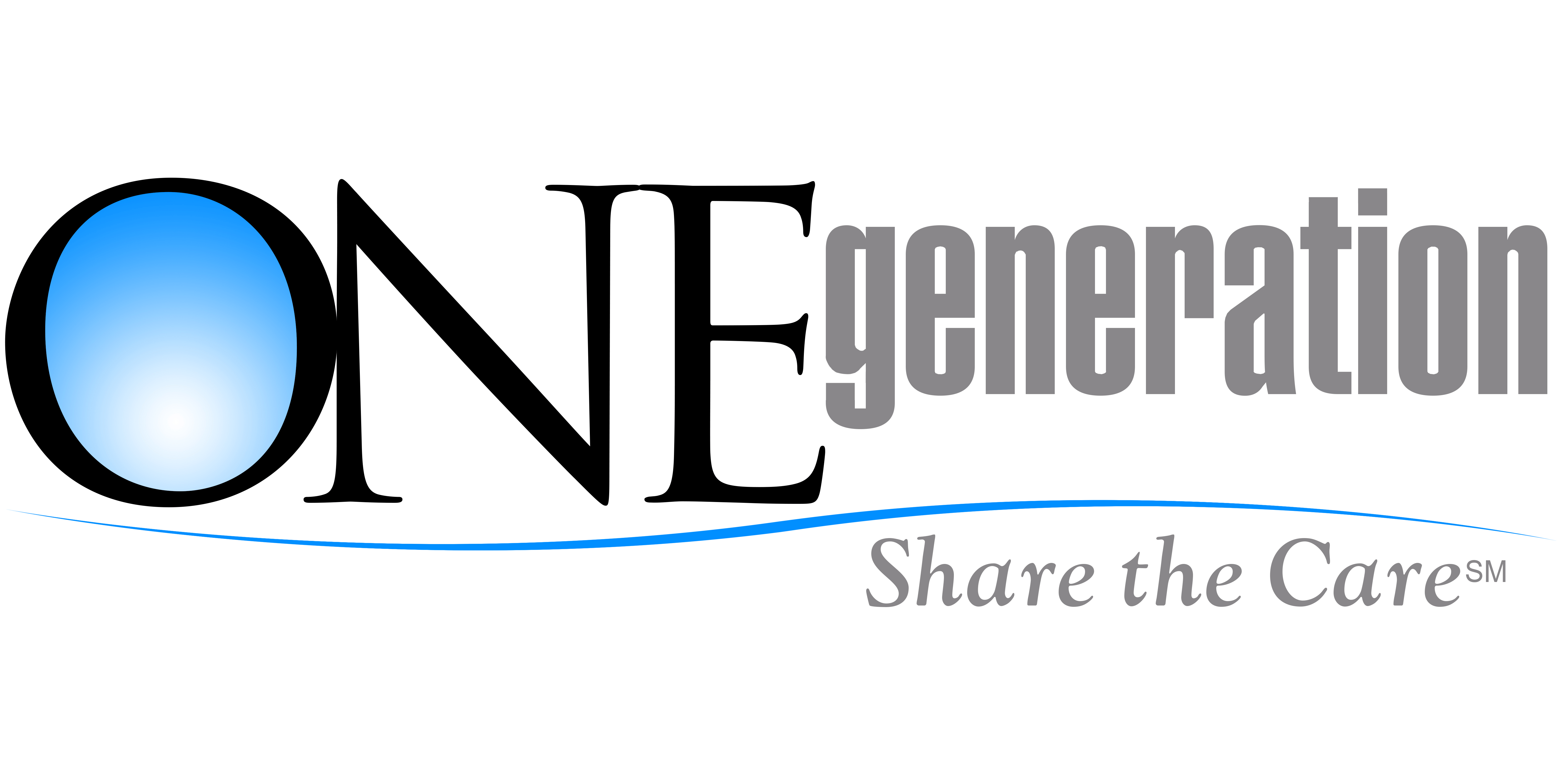 Logo with stylized text: "ONEgeneration" in black and gray, featuring a blue gradient circle in the "O." Below, in blue italics, it says "Share the CareSM" with a blue curved line underneath.