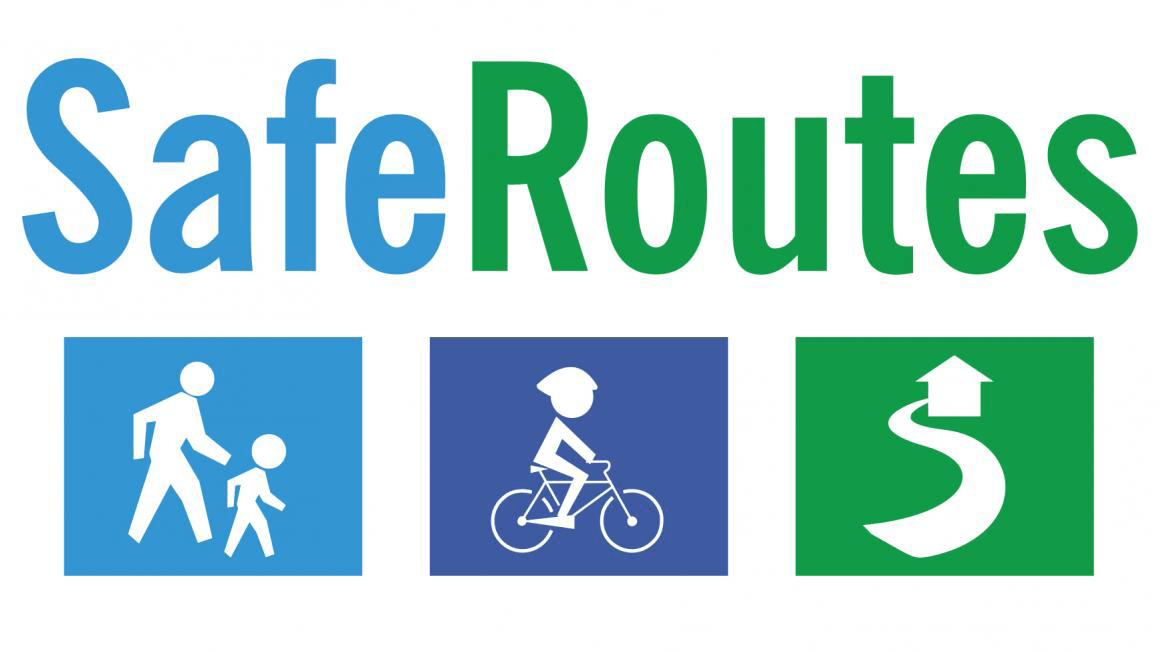 Logo with the text "SafeRoutes" above three icons: a walking figure with a child, a person biking, and a road with an upward arrow.