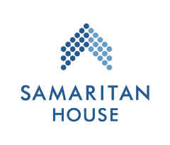 A logo featuring a house shape formed by blue dots above the words "Samaritan House" written in blue capital letters.