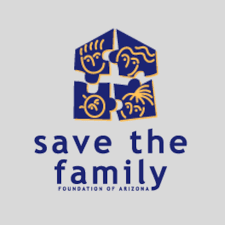 Logo of Save the Family Foundation of Arizona featuring a puzzle piece house with stylized faces and the organization's name below.