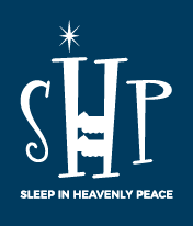 Logo of Sleep in Heavenly Peace featuring stylized initials "SHP" with a star and bunk bed design, set against a blue background. Text below reads, "Sleep in Heavenly Peace.