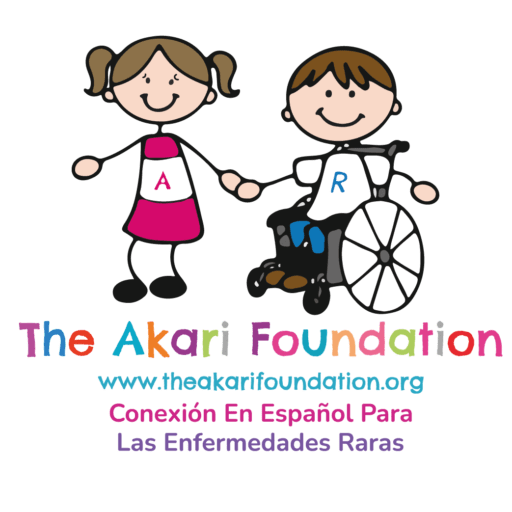 Illustration of a smiling girl holding hands with a smiling boy in a wheelchair. Text: The Akari Foundation, www.theakarifoundation.org, Conexión en Español Para Las Enfermedades Raras.